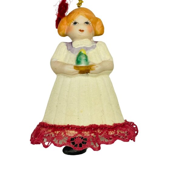 Porcelain Christmas Ornament Girl Holding Candle Bell Jasco Vintage - Picture 3 of 10